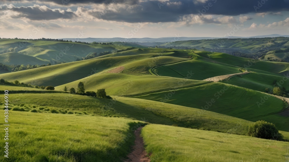 Rolling green hills under cloudy skies, distant path, peaceful countryside scenery, background for storytelling Rolling green hills under cloudy skies, distant path, peaceful countryside scenery, background for storytelling