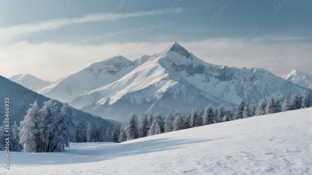 Fototapeta premium Snowy mountain landscape, soft overcast light, minimalism, white-blue color palette, winter background