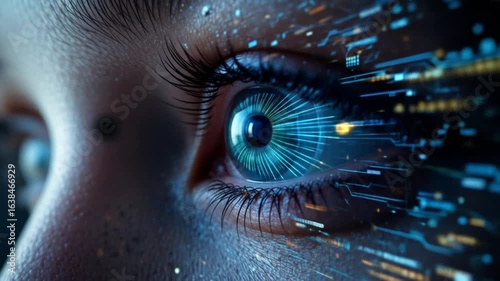 A human eye with a futuristic vision system observes source program code. Concepts of computer hacking and piracy, control, and protection. 4k video