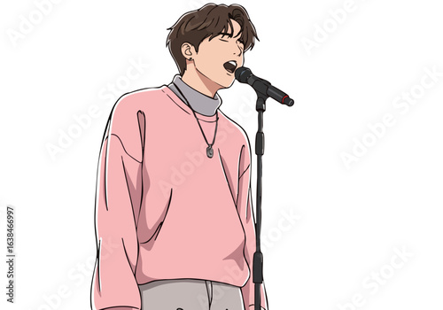 stylish  man sings into a microphone showcasing a vibrant modern aesthetic Bold pink background emphasizes the artist's confident performance Perfect for music lifestyle and promotional content