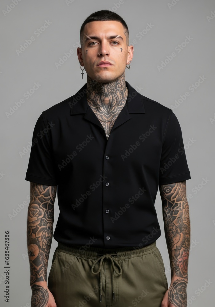 Fototapeta premium A portrait of a person with intricate tattoos and stylish short-sleeved shirt. The individual's intense gaze adds a sense of depth