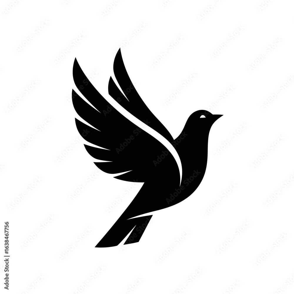 Obraz premium A stylized black silhouette of a bird with spread wings in flight against a white background design element