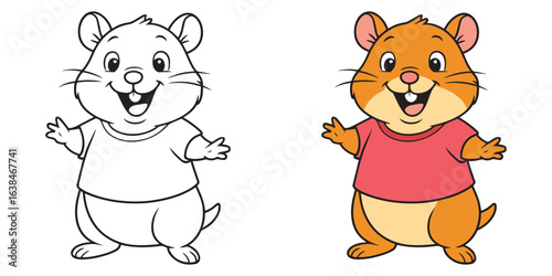 Coloring book of happy hamster wearing a t-shirt outline cartoon on a white background