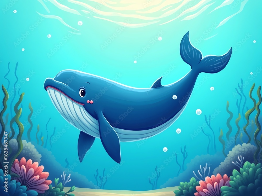 Obraz premium Swimming whale, cartoon sea and ocean animal