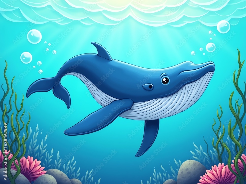 Obraz premium Swimming whale, cartoon sea and ocean animal