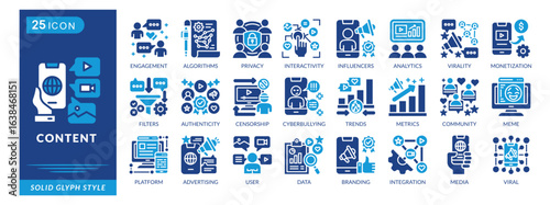 content icon set collection in solid glyph style. an icon pack contain engagement, algorithms, privacy, influencers, analytics, virality, monetization, filters, authenticity, censorship
