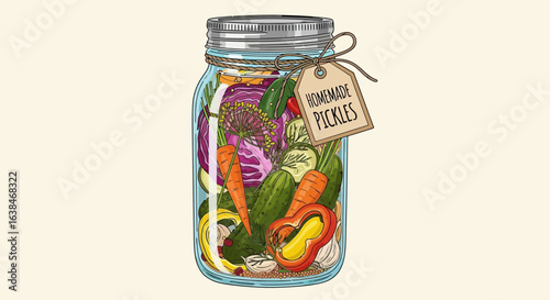 A jar of homemade pickles with vegetables perfect for canning illustration