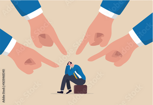 Toxic work, abuse or bullying colleagues, bad culture make exhausted depressed employee, fear of failure and responsibility, giant boss hands pointing and blaming at depressed businessman employee.