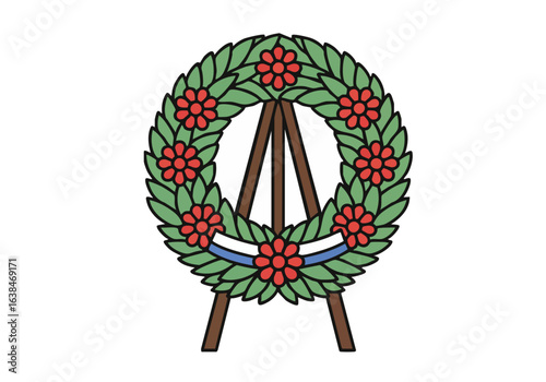 A stylized wreath memorial tribute featuring a floral garland and tripod stand. Bold, graphic design with a modern aesthetic. Suitable for remembrance and historical themes.
