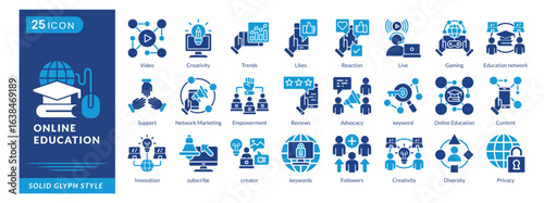 online education icon set collection in solid glyph style. an icon pack contain content, innovation, subscribe, creator, keywords, followers, diversity, privacy, video, creativity, trends