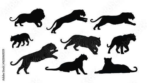Silhouetted Big Cats: An artistic collection of black silhouette forms representing majestic wild cats in various dynamic poses, evoking power, grace, and raw wilderness.