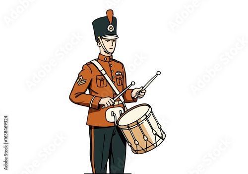 uniformed drummer plays a drum evoking a sense of historical grandeur Bold illustration style with a muted green background Perfect for vintage military or celebratory themes