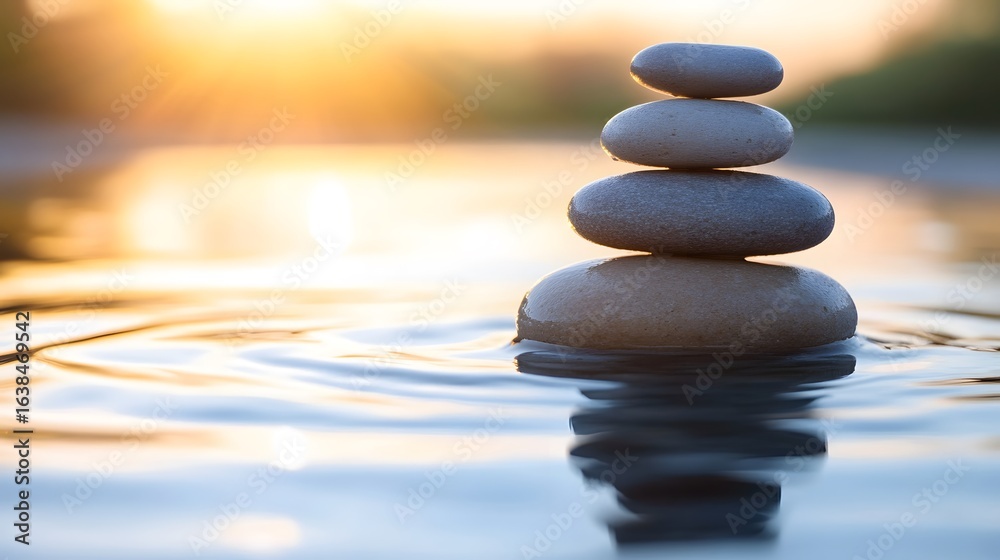 Zen stones stacked in water for mindfulness and meditation wellness and spa concept for relaxation peace Zen stones stacked in water for mindfulness and meditation wellness and spa concept for relaxation peace