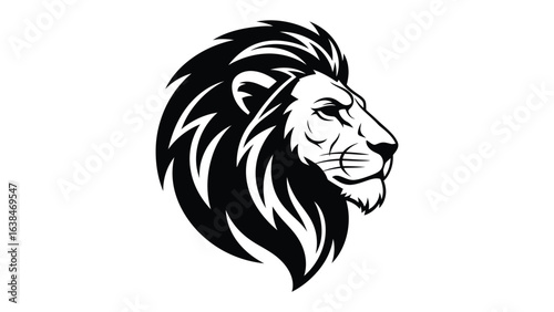 Lion Head Profile: A powerful black and white graphic of a lion's profile, exuding strength and majesty, ideal for logos, designs, and conveying a sense of royalty. 