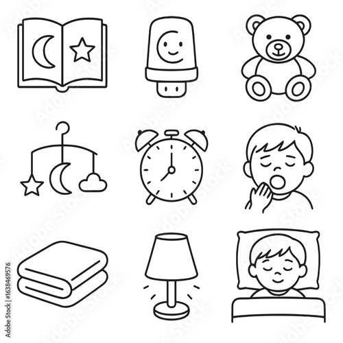 Toddler Bedtime Icons. Outline style icons of toddler bedtime: bedtime storybook, nightlight, plush toy, lullaby mobile, bedtime