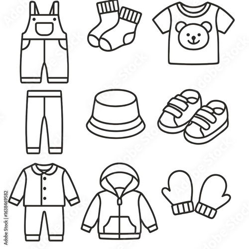 Toddler Clothing Icons. Outline style icons of toddler clothing: overalls, soft socks, cartoon t-shirt, stretchy pants, bucket hat