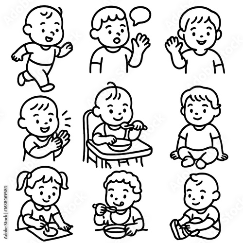 Toddler Milestone Icons. Outline style icons of toddler milestones: first step, first word, waving hand, clapping, feeding self,