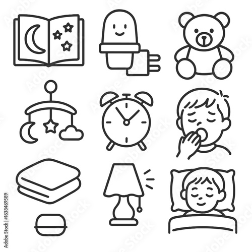 Toddler Bedtime Icons. Outline style icons of toddler bedtime: bedtime storybook, nightlight, plush toy, lullaby mobile, bedtime
