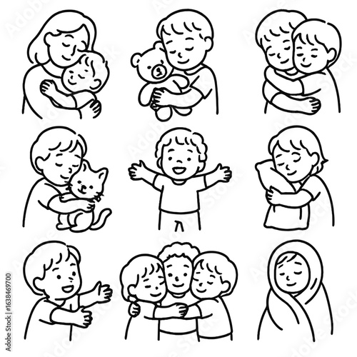 Toddler Hug Icons. Outline style icons of Toddler Embrace: toddler hugging mom, holding teddy, sibling hug, cuddling pet, arms