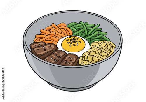 vibrant illustration of Korean bibimbap in a bowl showcasing colorful vegetables egg yolk and meat  Appealing design perfect for food-related marketing and social media  Clean modern style