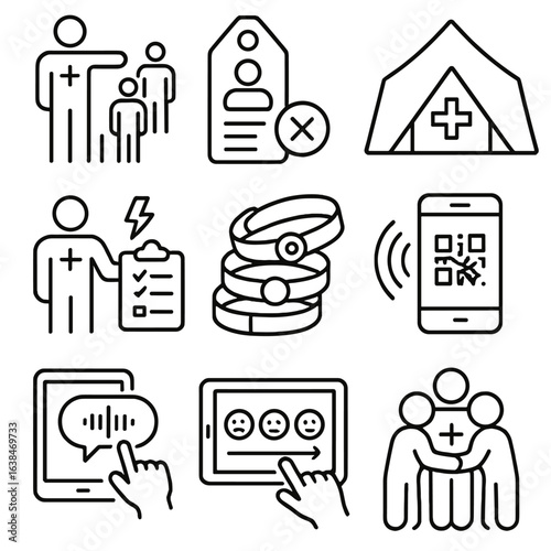 Triage Team Icons. Outline style icons of Triage Team: sorting patient queue, condition tag, emergency tent, quick assessment