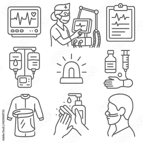 Intensive Care Icons. Outline style icons of Intensive Care Workers: ICU monitor, nurse adjusting ventilator, critical care chart,
