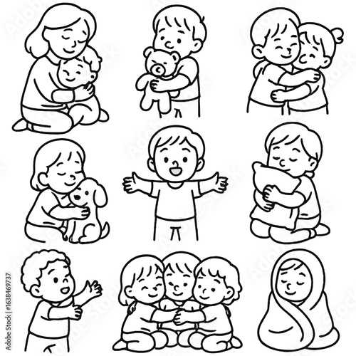 Toddler Hug Icons. Outline style icons of Toddler Embrace: toddler hugging mom, holding teddy, sibling hug, cuddling pet, arms