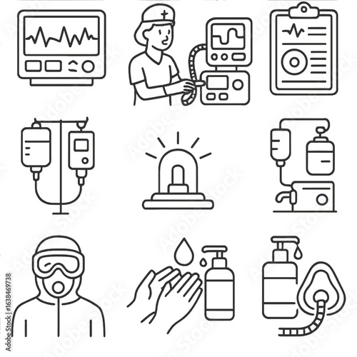 Intensive Care Icons. Outline style icons of Intensive Care Workers: ICU monitor, nurse adjusting ventilator, critical care chart,