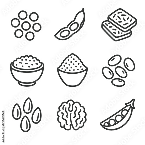 Plant Protein Icons. Line style icons of Plant-Based Protein: lentils, edamame, tempeh slices, quinoa bowl, chia seeds, black