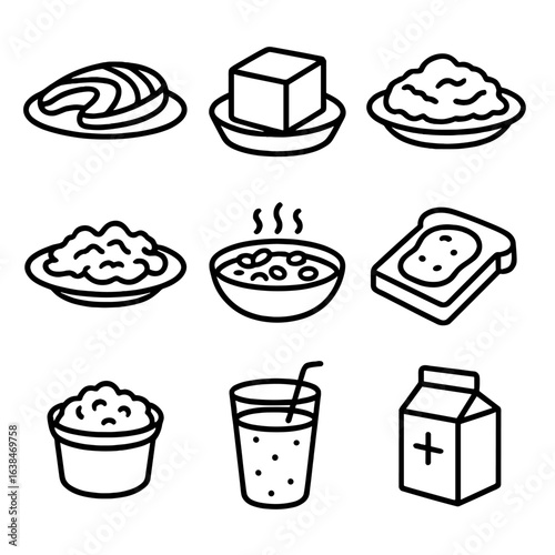 Senior Protein Icons. Line style icons of Protein for Seniors: poached fish, soft tofu, mashed beans, scrambled eggs, lentil stew,