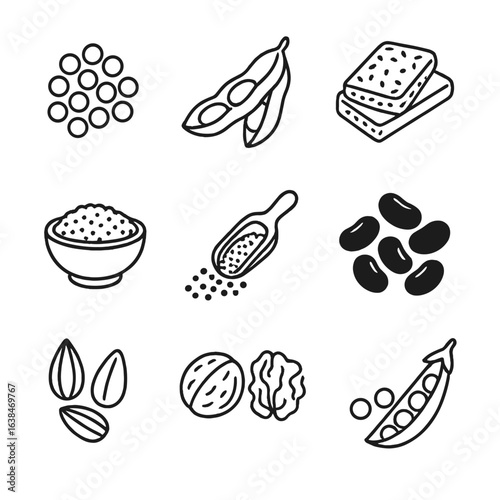 Plant Protein Icons. Line style icons of Plant-Based Protein: lentils, edamame, tempeh slices, quinoa bowl, chia seeds, black