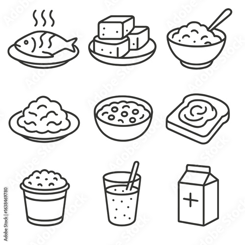 Senior Protein Icons. Line style icons of Protein for Seniors: poached fish, soft tofu, mashed beans, scrambled eggs, lentil stew,