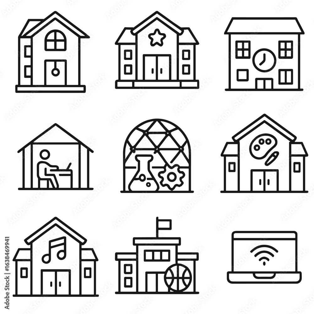 Fototapeta premium Outline After-School Icons. Outline style icons of After-School Buildings: evening tutoring center, extracurricular building,