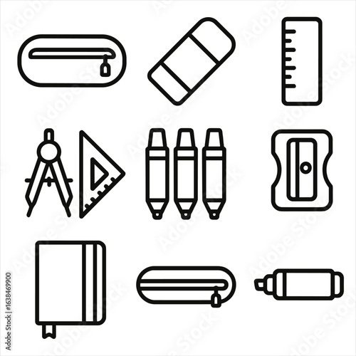 School Supplies Icons. Outline style icons of School Accessories Glyphs: pencil case, eraser, ruler, geometry set, colored pens,