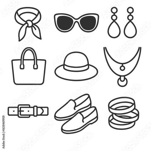 Travel Fashion Icons. Outline style icons of Travel Fashion Accessories Glyphs: neck scarf, oversized sunglasses, statement