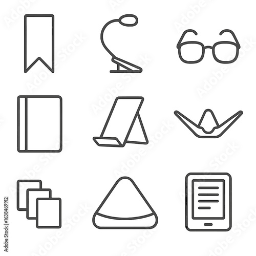 Book Accessory Icons. Outline style icons of Accessories for Books & Reading Glyphs: bookmark, book light, reading glasses, book