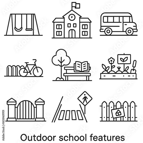 Outdoor School Icons. Outline style icons of Outdoor School Features: schoolyard with swings, flagpole in front yard, school bus