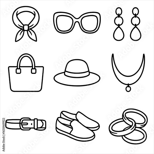Travel Fashion Icons. Outline style icons of Travel Fashion Accessories Glyphs: neck scarf, oversized sunglasses, statement