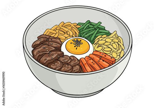 vibrant Korean feast delight bowl showcases rice beef egg and vegetables  Appealing composition perfect for food photography and commercial use  Bright colorful and appetizing