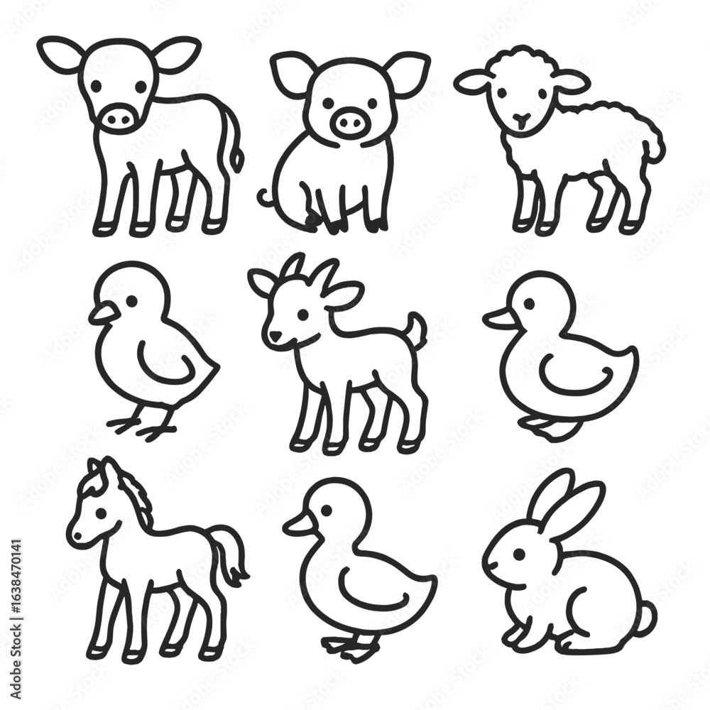 Naklejka premium Baby Farm Animal Icons. Outline style icons of Baby Farm Animals: calf, piglet, lamb, chick, kid goat, duckling, foal, gosling,