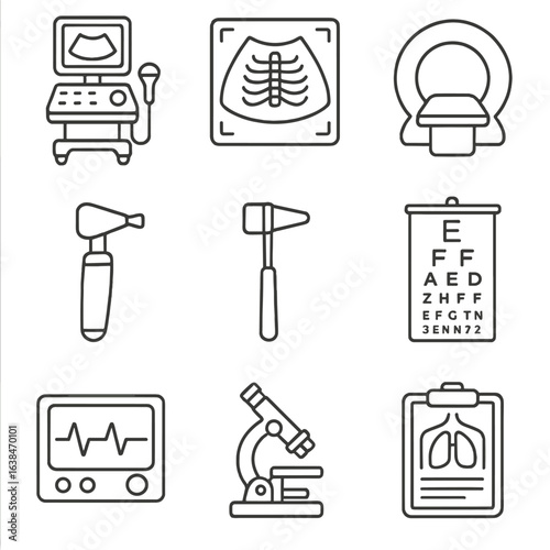 Diagnostic Equipment Icons. Outline style icons of Diagnostic Equipment: ultrasound machine, X-ray image board, CT scan icon, ECG