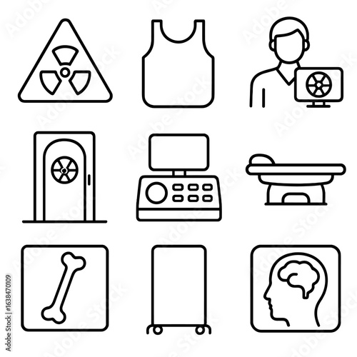 Radiology Icons Set. Outline style icons of Radiology Area: radiation warning sign, lead apron, radiology technician, scan room