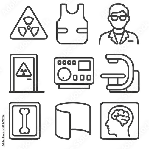 Radiology Icons Set. Outline style icons of Radiology Area: radiation warning sign, lead apron, radiology technician, scan room
