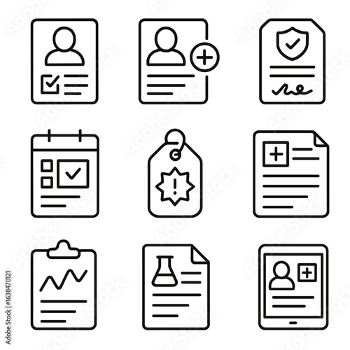 Medical Icons Set. Outline style icons of Patient Forms and Records: patient intake form, emergency contact sheet, consent form,