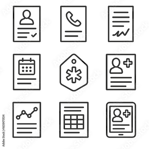 Medical Icons Set. Outline style icons of Patient Forms and Records: patient intake form, emergency contact sheet, consent form,