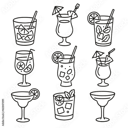 Iconic Beach Cocktails. Outline style icons of Iconic Beach Cocktails: caipirinha, pina colada, mojito, margarita, tropical