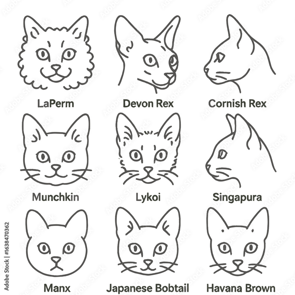 Rare Cat Heads Icons. Outline style icons of Rare and Distinctive Cat Heads: LaPerm cat head, Devon Rex face, Cornish Rex profile, Rare Cat Heads Icons. Outline style icons of Rare and Distinctive Cat Heads: LaPerm cat head, Devon Rex face, Cornish Rex profile,