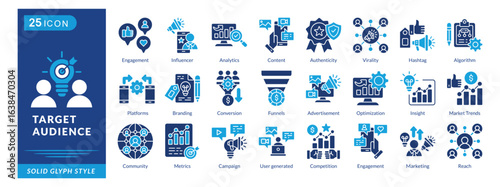 target audience icon set collection in solid glyph style. an icon pack contain market trends, community, metrics, campaign, user generated, competition, marketing, reach, platforms