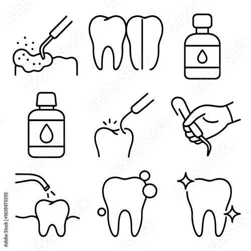 Dental Cleaning Icons. Outline style icons of Dental Cleaning Process: plaque removal icon, before and after tooth, polish tool,