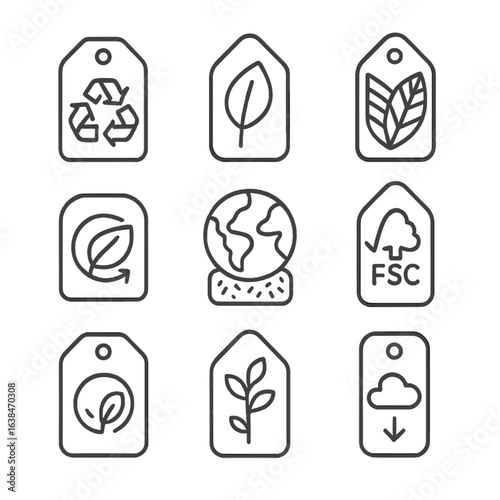 Eco-Friendly Tag Icons. Outline style icons of Sustainable Label Tags: recycled paper tag, eco label with leaf, green textile